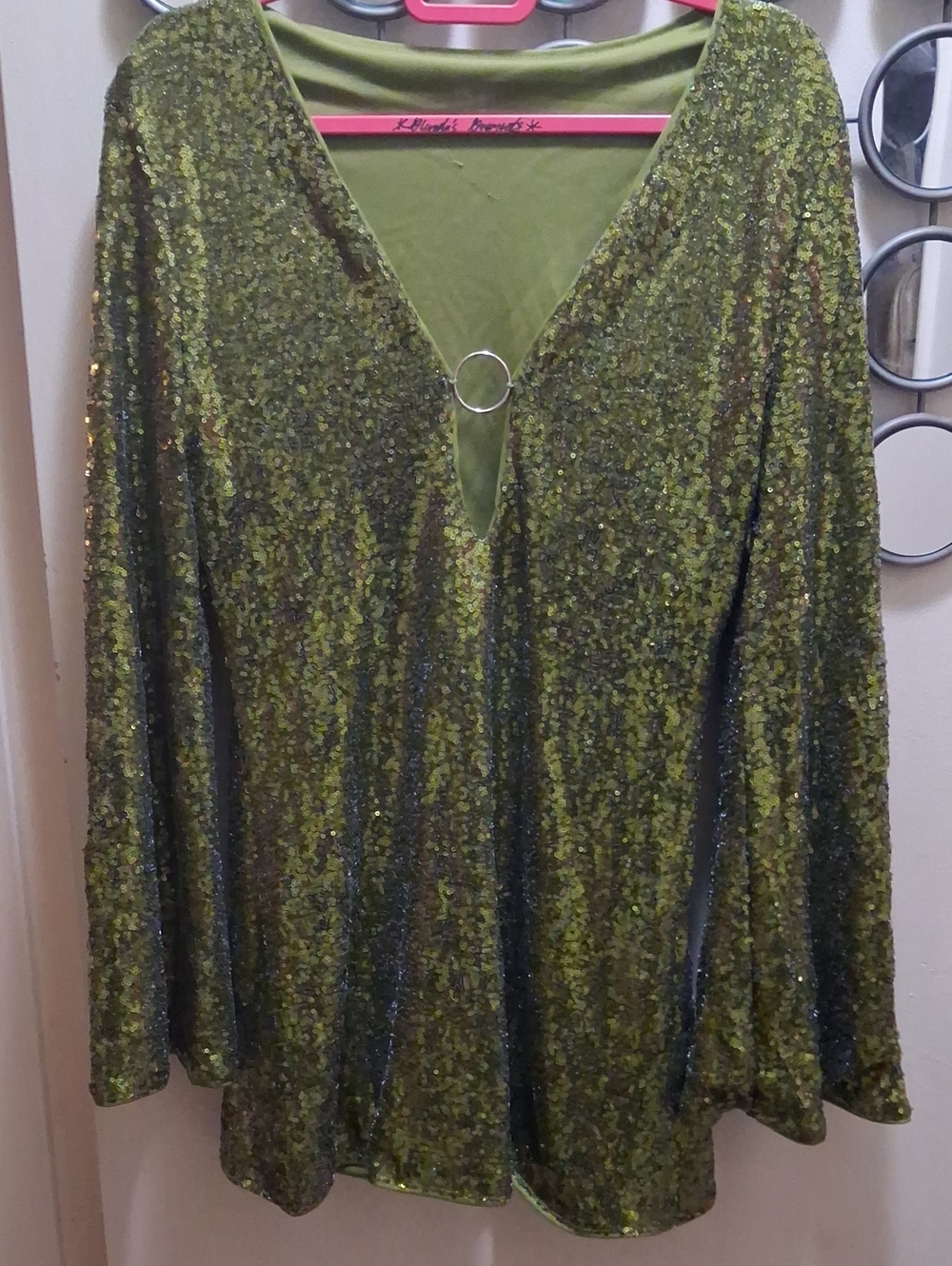 Olive Green Sequin V-Neck Women's Top
